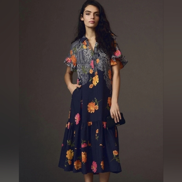 Anthropologie Dresses & Skirts - Anthropologie Maeve Ruffle-Sleeve Floral Midi Dress Navy Size Small NWOT